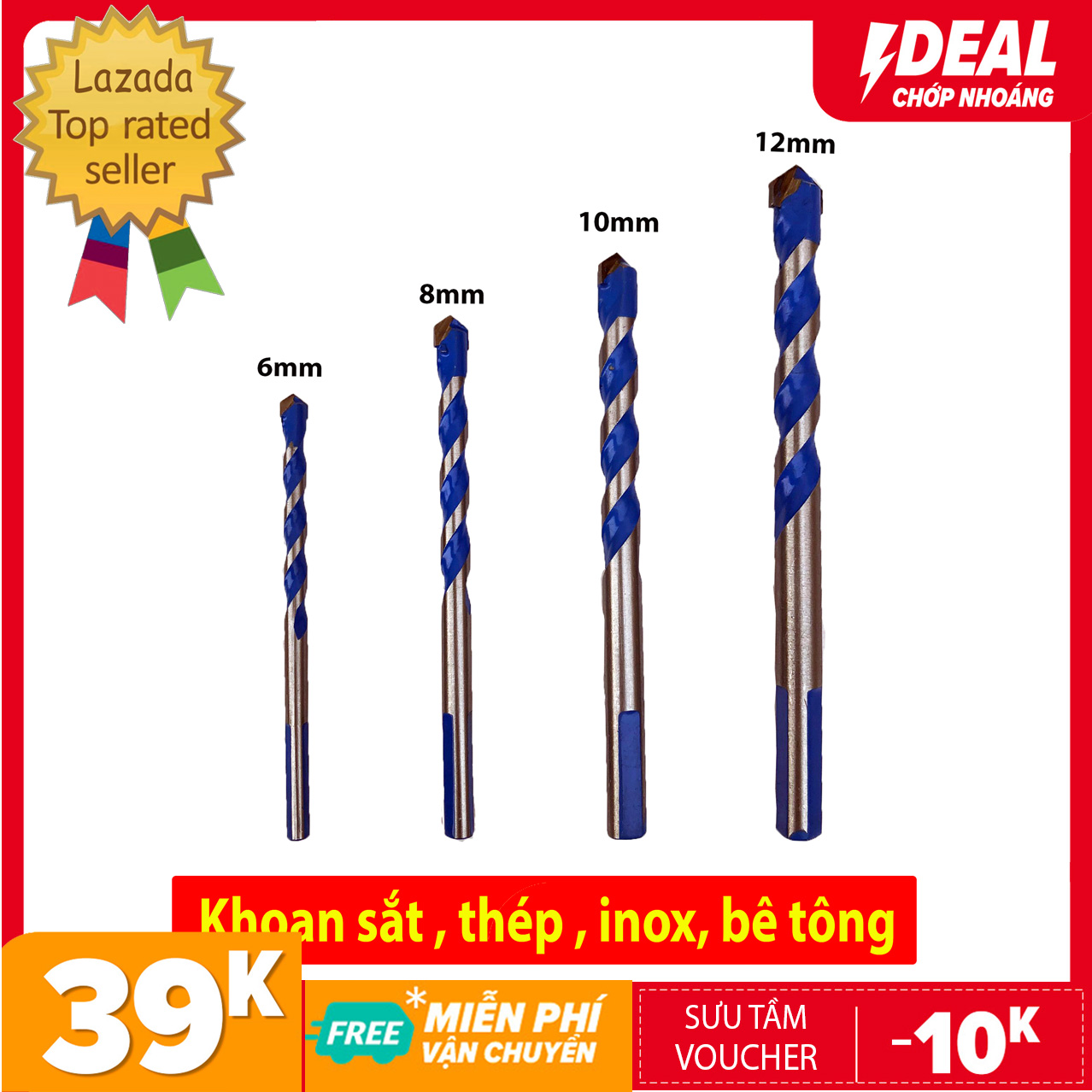 Bộ 4 Mũi khoan gạch men, Mũi khoan tường đa năng 6,8,10,12 - SIÊU BÉN