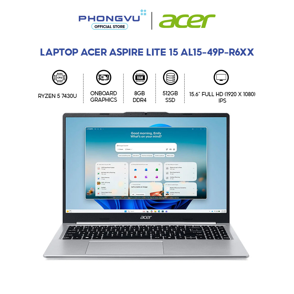 Acer Aspire Lite 15 Al15-49P-R6Xx Laptop (Ryzen 5 7430U/ 8Gb/ 512Gb/ Windows 11 Home Sl) - 12-Month Warranty Giá 19,990,000 Đồng*Miễn phí vận chuyển