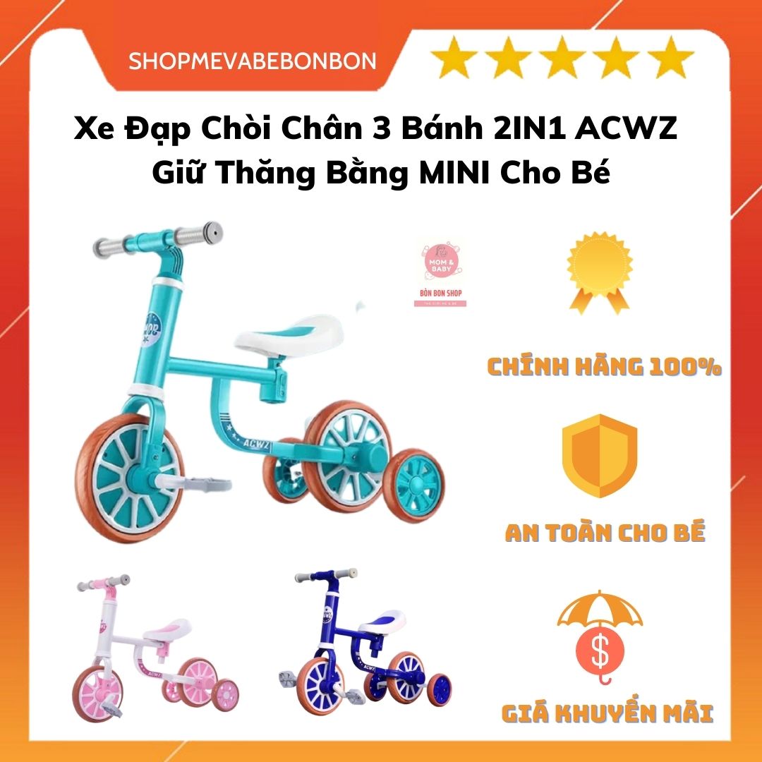 Xe đạp chòi chân 3 bánh 2in1 acwz giữ thăng bằng mini cho bé 3 trong 1- màu xanh dương, xanh than, hồng