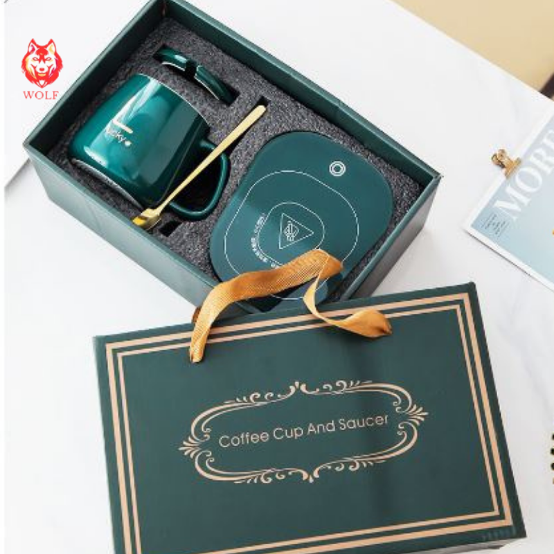 Máy hâm nóng đồ uống, bộ cốc và đế sứ hâm nóng sữa, cafe kèm thìa và hộp sang trọng