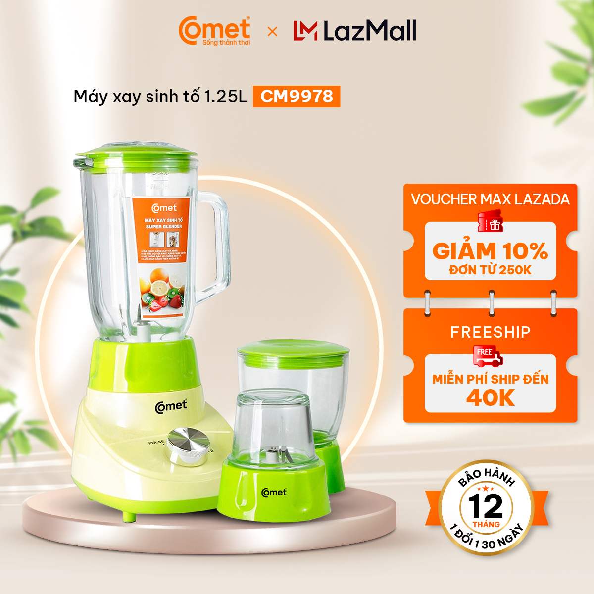  Máy xay sinh tố 3 cối thủy tinh 1.25L Comet CM9978 xay sinh tố xay thịt xay hạt xay gia vị - Hàng chính hãng - Bảo hành 12 tháng 