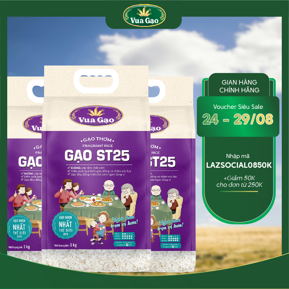 Combo 3 túi gạo st25 5kg - chính hãng vua gạo - gạo thơm ngon, dẻo nhiều, vị đậm đà - top 1 thế giới 2019