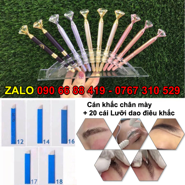 Cán khắc chân mày kim cương + 20 cái Lưỡi dao điêu khắc 18U-12F-14F-16F-18F, Cán kim cương điêu khắc lông mày, bút khắc lông mày hình kim cương, Cán Khắc Kim Cương Điêu Khắc Chân Mày