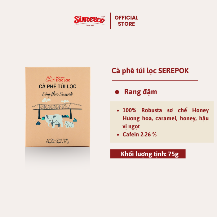 Cà phê túi lọc Serepok 100% Robusta honey