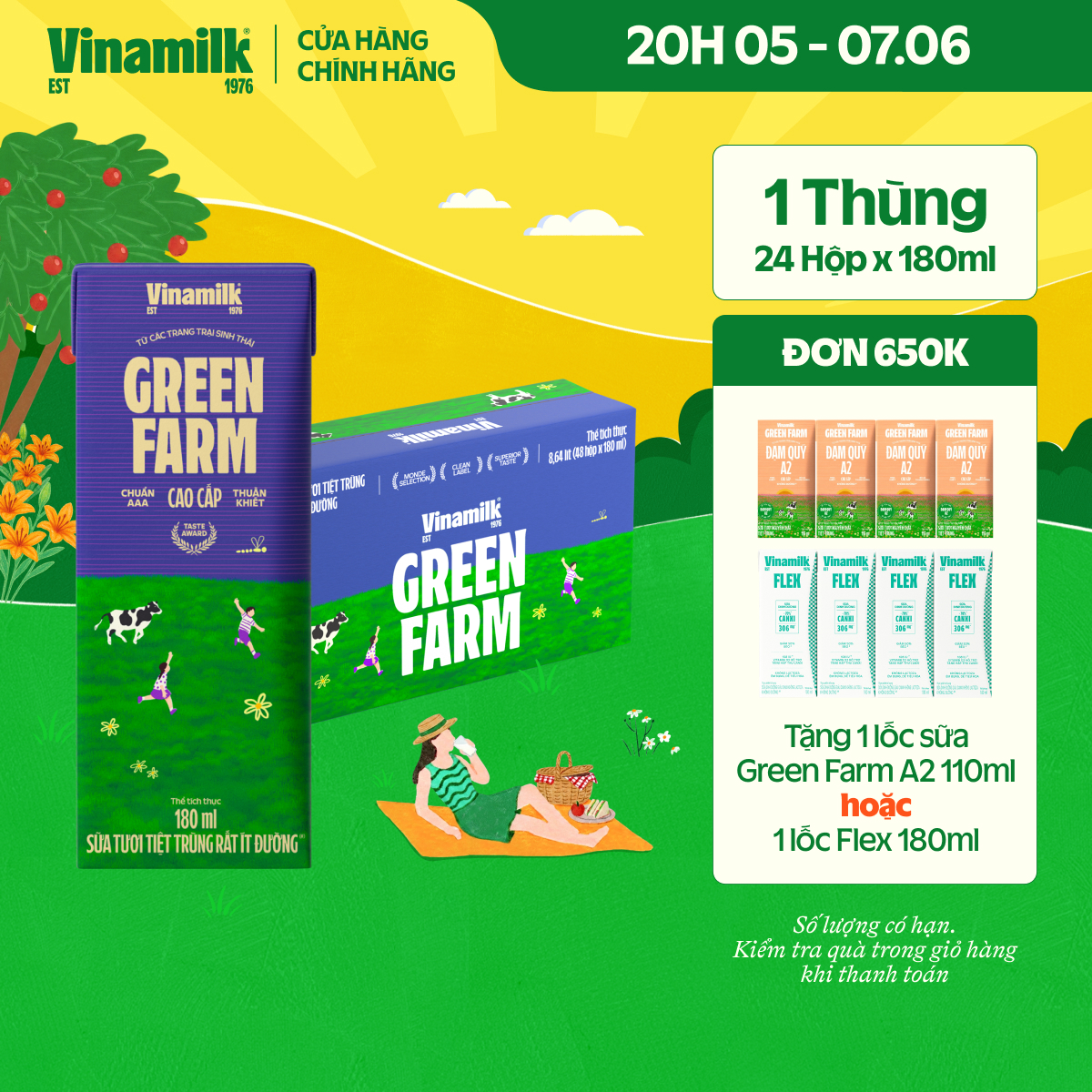[02-04.06 Tặng 1 lốc ADM 110ml] Thùng 48 Hộp Sữa Tươi Tiệt Trùng Vinamilk Green Farm Rất ít đường - Lốc 4 Hộp 180ml