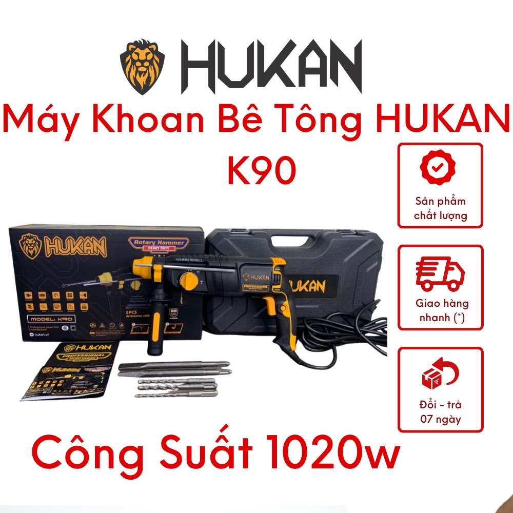 Máy khoan bê tông 3 chức năng có búa HUKAN K90 tặng kèm 3 mũi khoan bê tông, 2 mũi đục