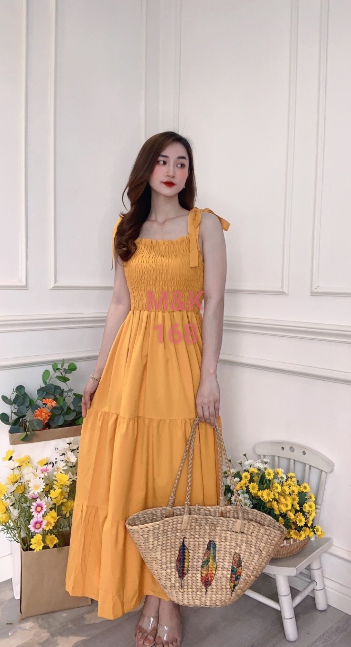 Đầm maxi dài nơ vai đi biển, maxi cổ vuông tay phồng sexy thời trang nữ Hoàng Khang