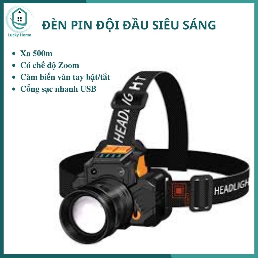 Đèn pin đội đầu 1 bóng siêu sáng chiếu xa 500m cảm biến vẫy tay, Chip Led L9 có Zoom xa gần, đèn đeo