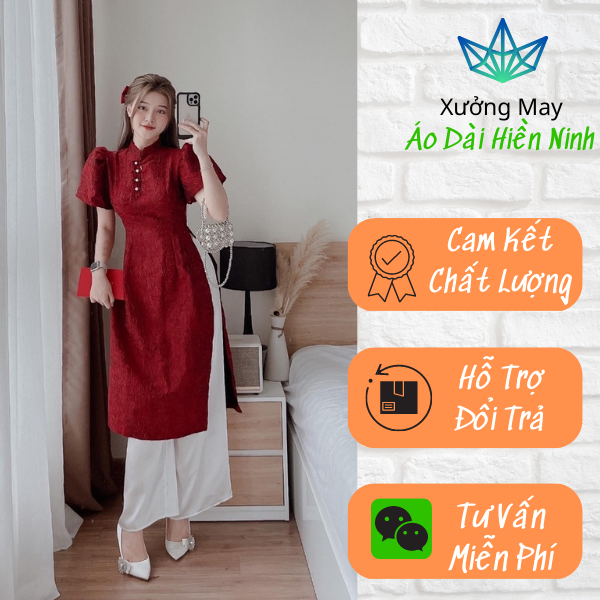 Áo dài tết đỏ - áo dài gấm tay bồng in họa tiết msp018