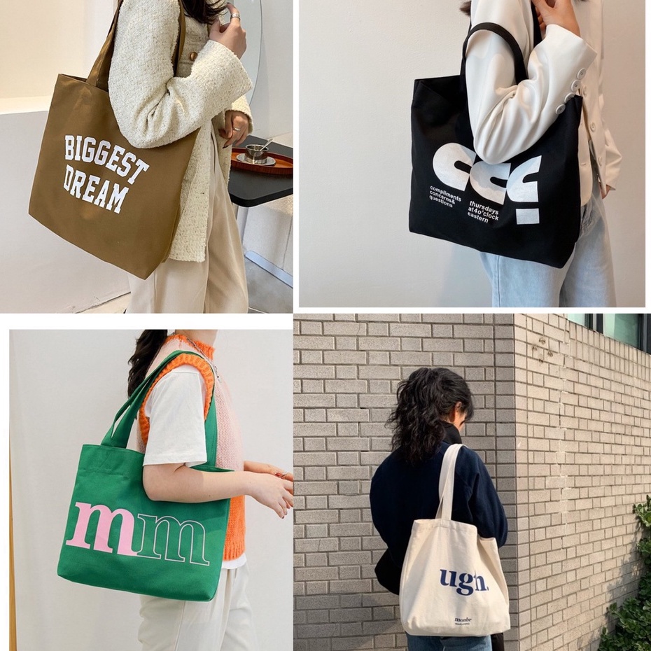 Túi tote vải canvas ulzzang đa dạng họa tiết có khóa miệng ngăn phụ vải bố mộc màu be không nhuộm hóa chất