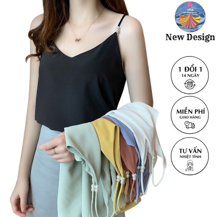 Áo 2 dây cổ tim mặc trong vest blazer, áo lụa hai dây thiết kế đính ngọc trai sang chảnh