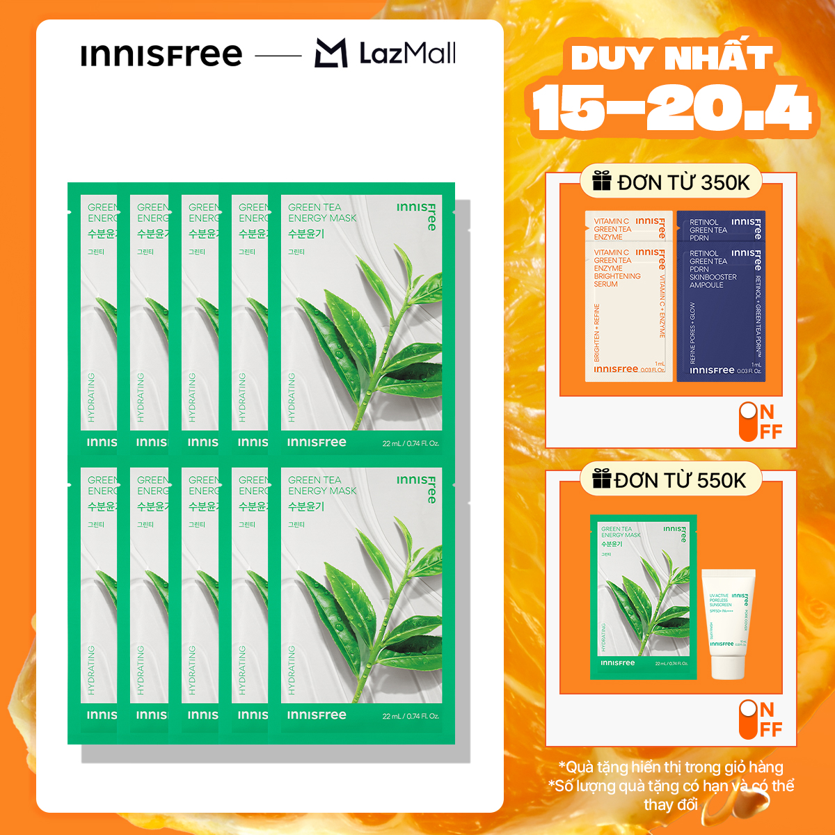 Combo 10 Mặt nạ giấy dưỡng da Hàn Quốc INNISFREE Energy Mask - Green Tea 22ml