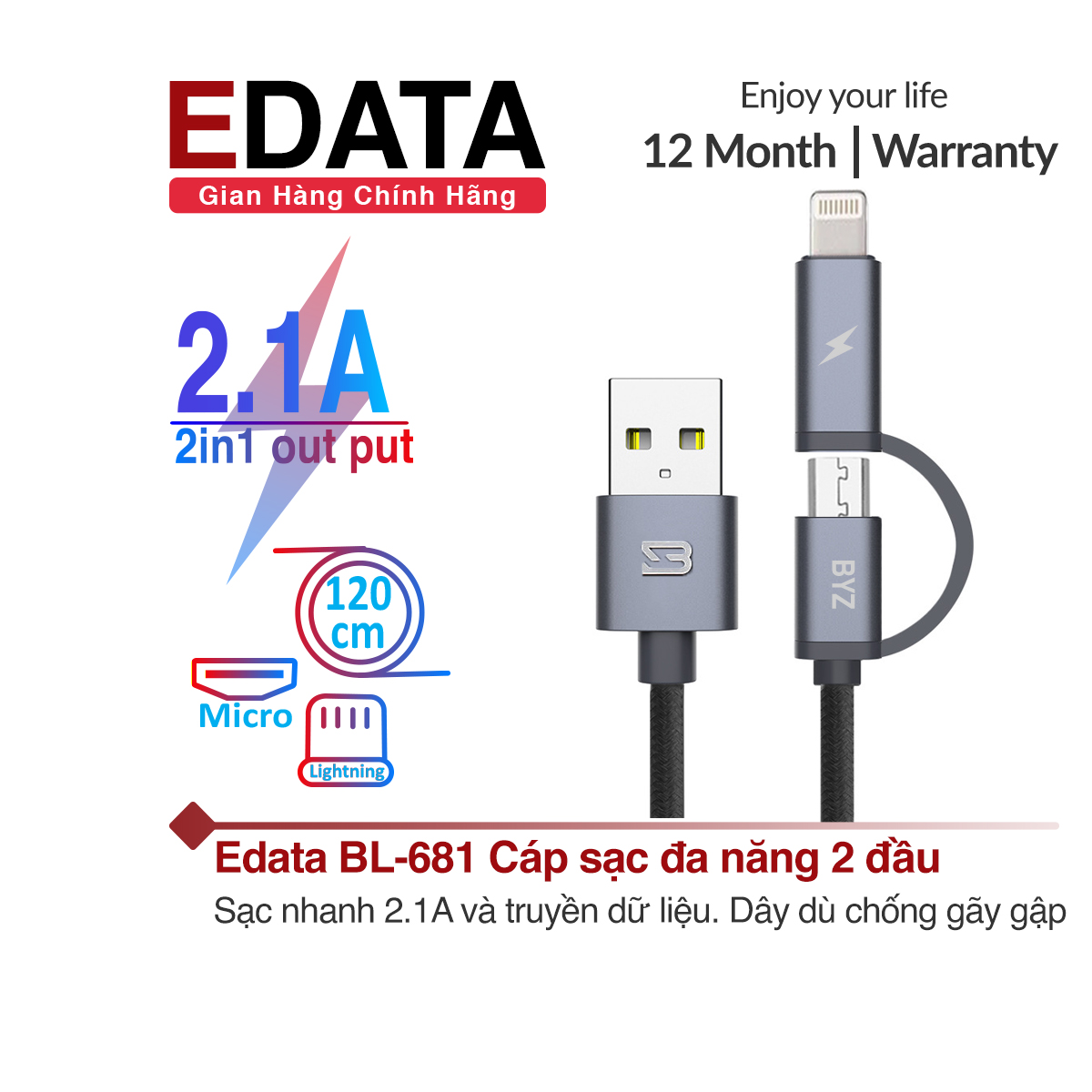 Cáp sạc eData BL-681 2in1 sạc nhanh 2.1A và truyền tải dữ liệu cổng Micro và Lightning dây dù chống gãy gập dài 120cm dành cho iPhone iPad Samsung Huawei Xiaomi Oppo