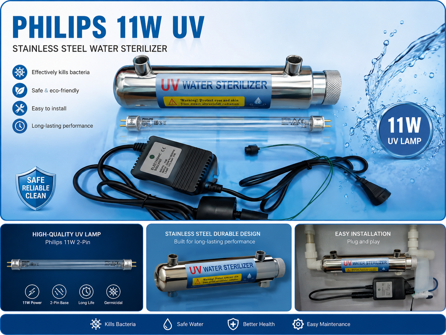 Bộ đèn UV diệt khuẩn 11W Philips (Bóng 2 chấu)