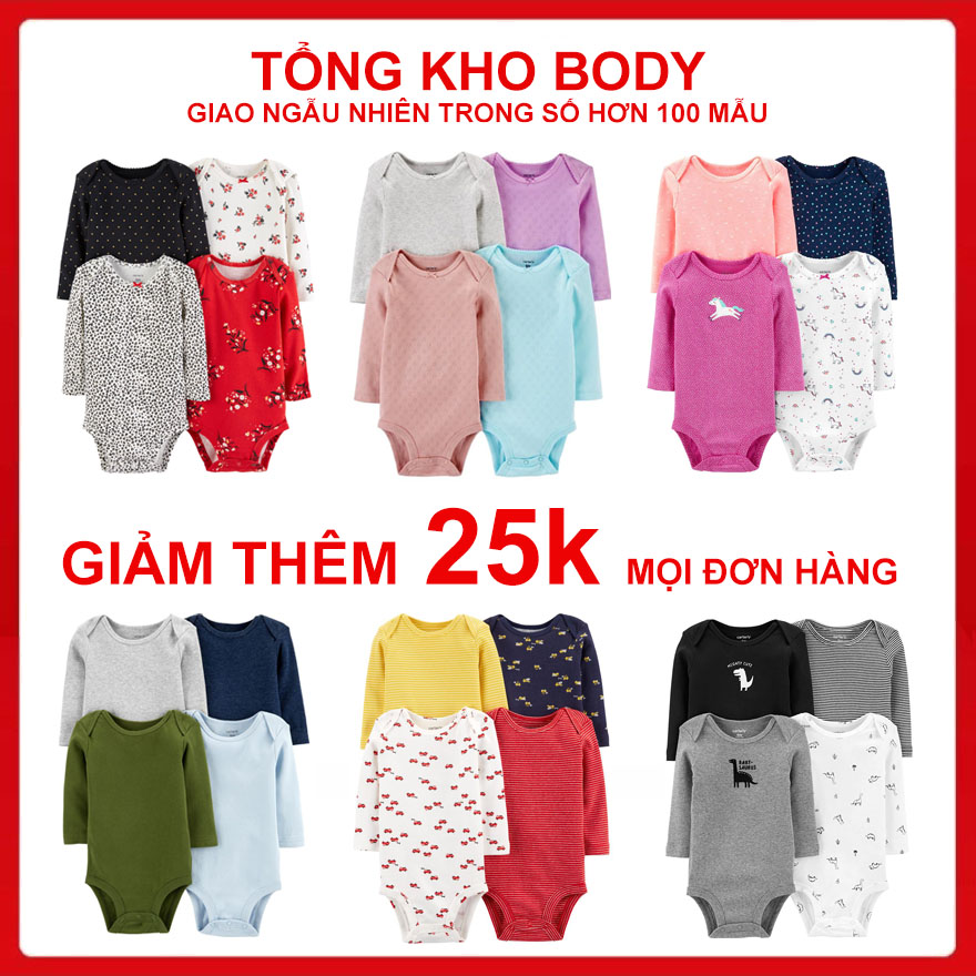 Set 4 body dài tay bé trai, bé gái (body chip dài tay), bộ bodysuit cotton cho bé, bộ quần áo cho trẻ sơ sinh, bộ body cho bé, set 5 body