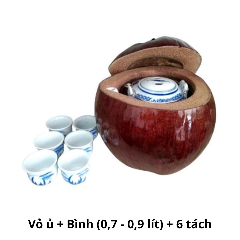 Bình ủ trà trái dừa sơn bóng / Bình trà 0,8 - 0,9 lít / Bộ 6 tách uống trà / Chuyên pha trà xanh / Mỹ nghệ / Hàng sản xuất bán trực tiếp / Xưởng sản xuất tại Bến Tre