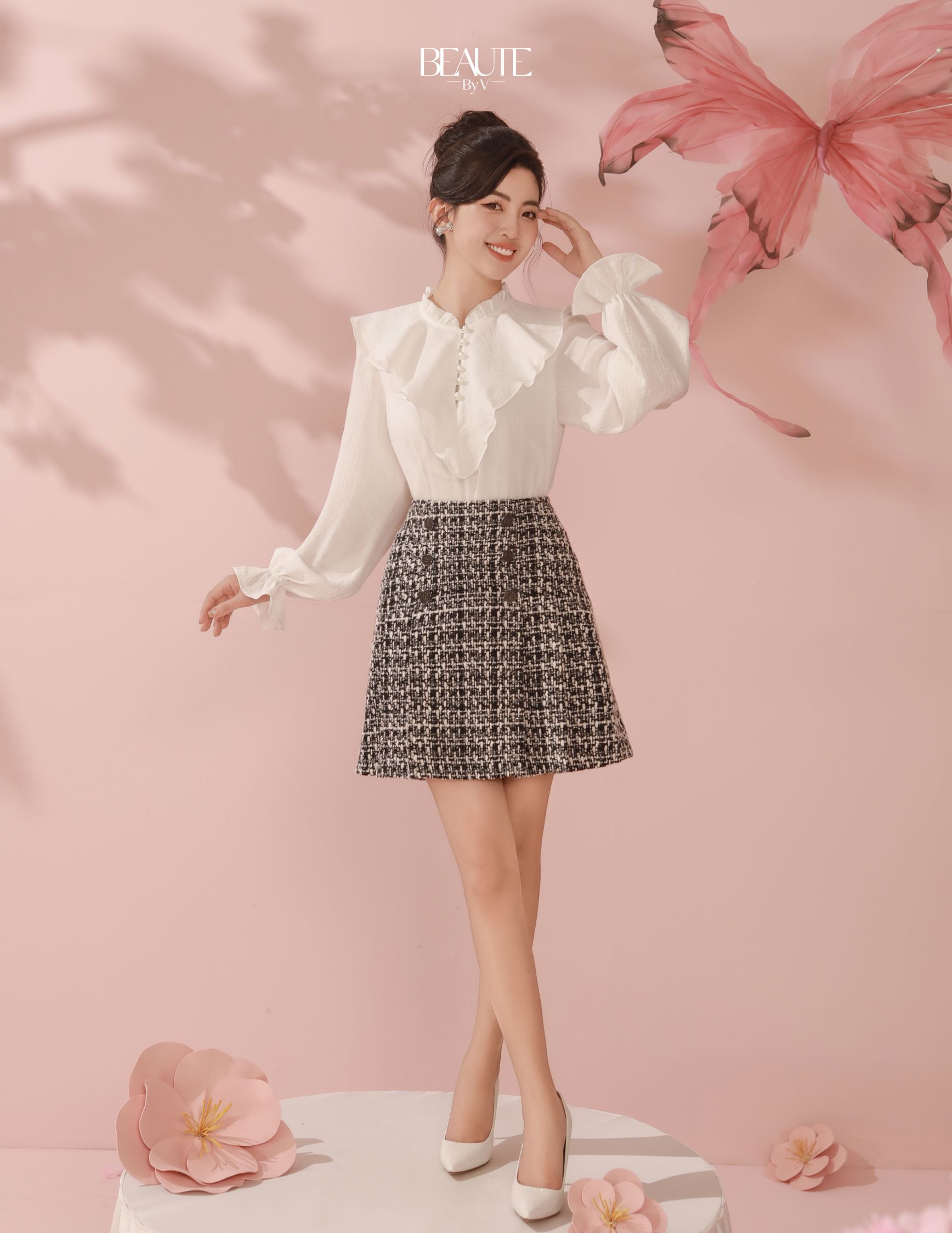 Beautebyv - chân váy nữ vải tweed xếp ly meria