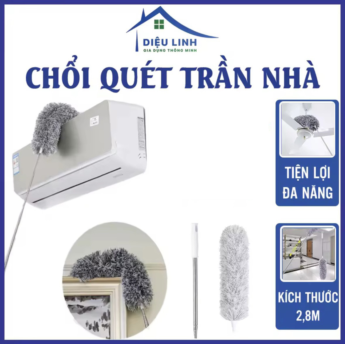 Chổi quét trần nhà, cây quét trần, chổi quét mạng nhệnh, gấp gọn 80cm, kéo dài 2.8m tiện lợi đa năng Dieulinhshop