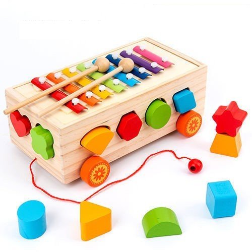 Giáo Cụ Montessori, Xe Kéo Thả Hình Khối Màu Sắc Kèm Đàn Xylophone 8 Thanh Cho Bé, Đồ Chơi Gỗ Thông Minh Cho Trẻ Từ 2 Tuổi