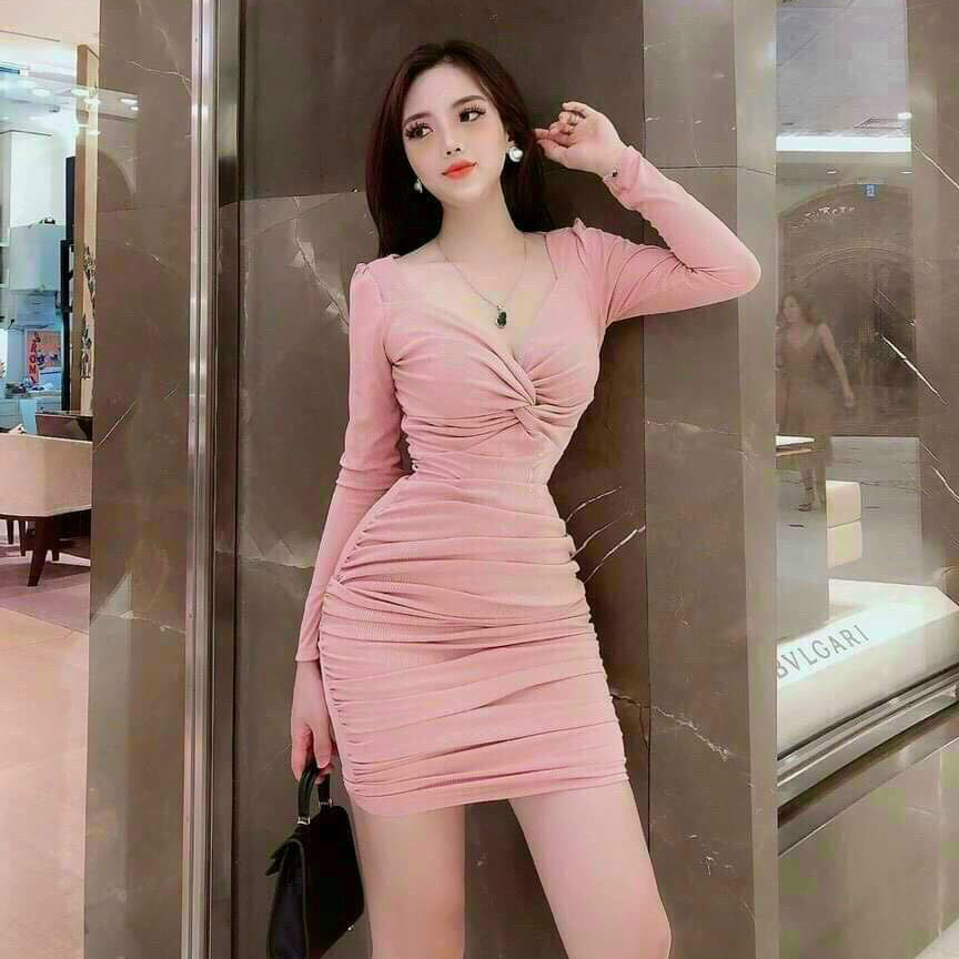 Đầm Váy Thời Trang Nữ Ôm Body Tay Dài Xoắn Ngực Nhún Eo Hông Chất Cotton Su Mặc Mát Co Dãn Tốt No1-SG -Fashion