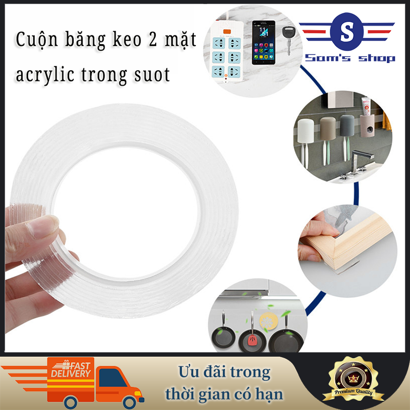 Cuộn băng keo 2 mặt acrylic trong suốt , băng keo dán tranh gán gương treo tường siêu dính ，Cuộn băng keo 2 mặt siêu dính đa năng 5 mét