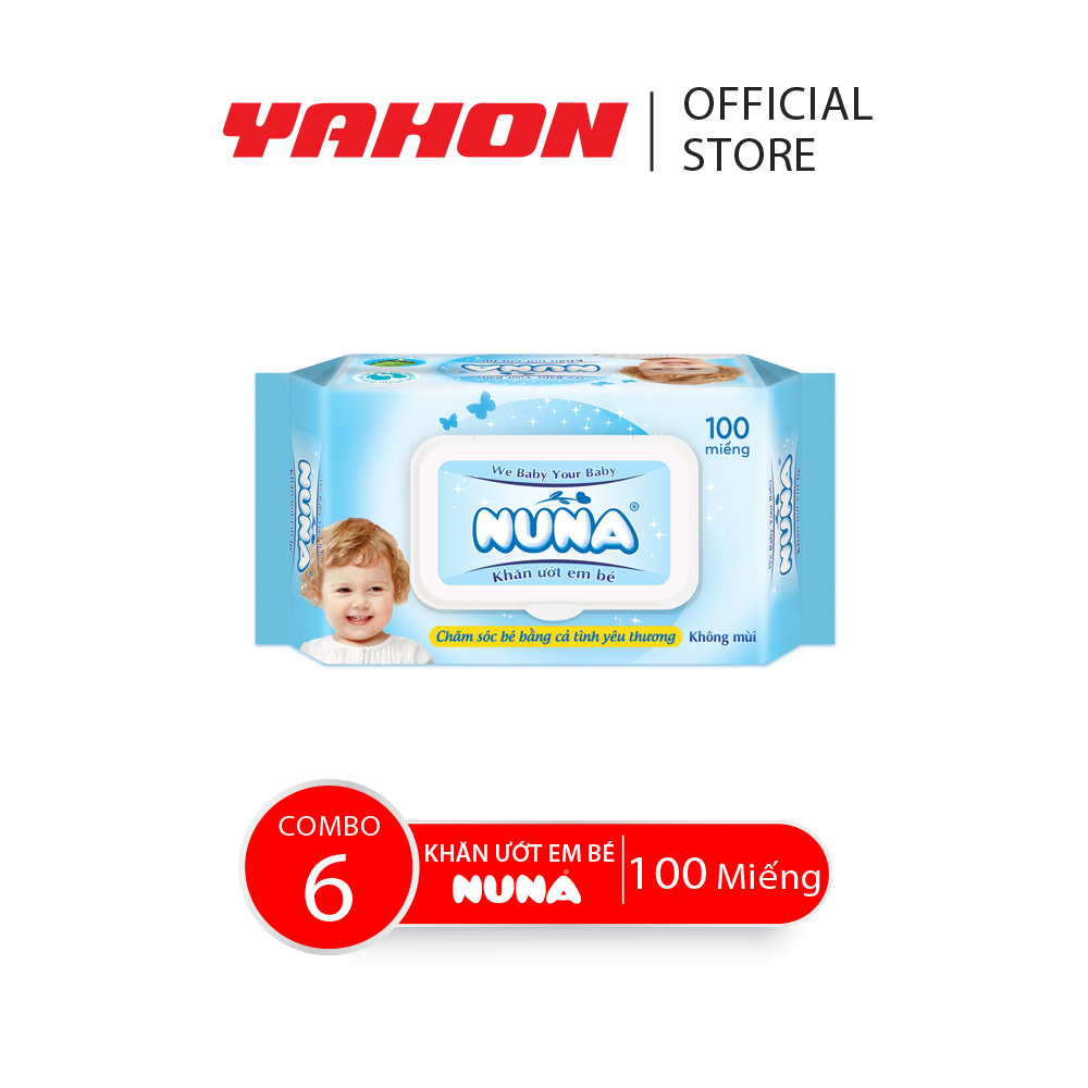 Combo 6 bao khăn ướt em bé nuna không mùi, 100 miếng/bao