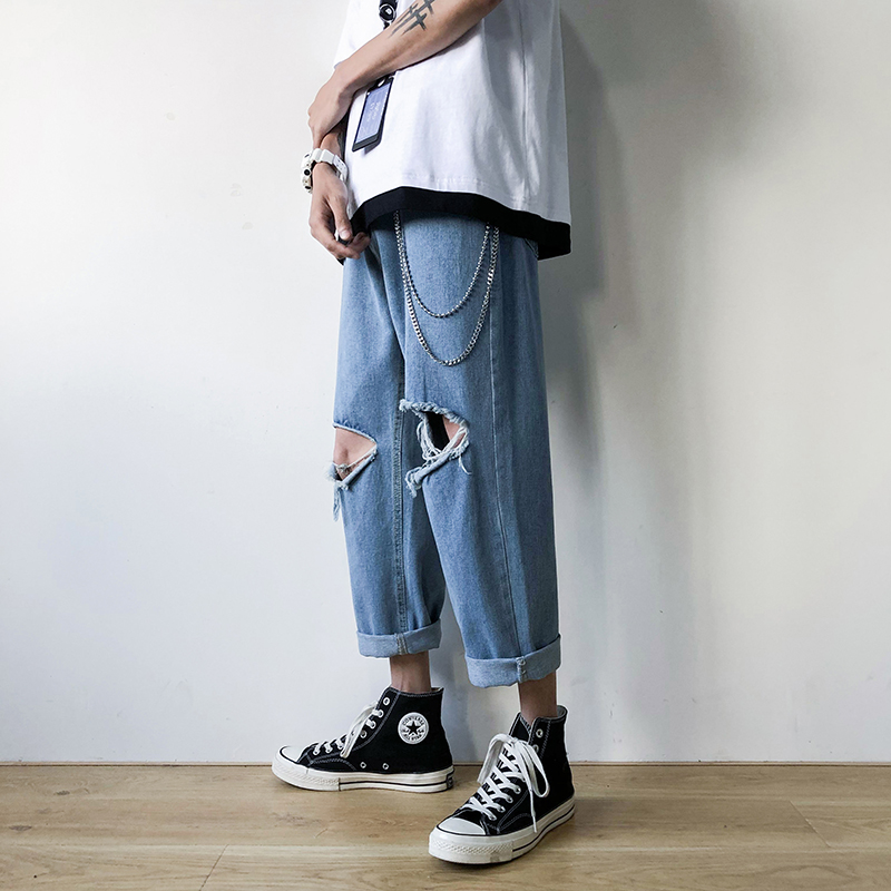 [HCM]Quần Jean Nam - Quần Baggy Jean Rách Gối Kèm xích phong cách Jean dày