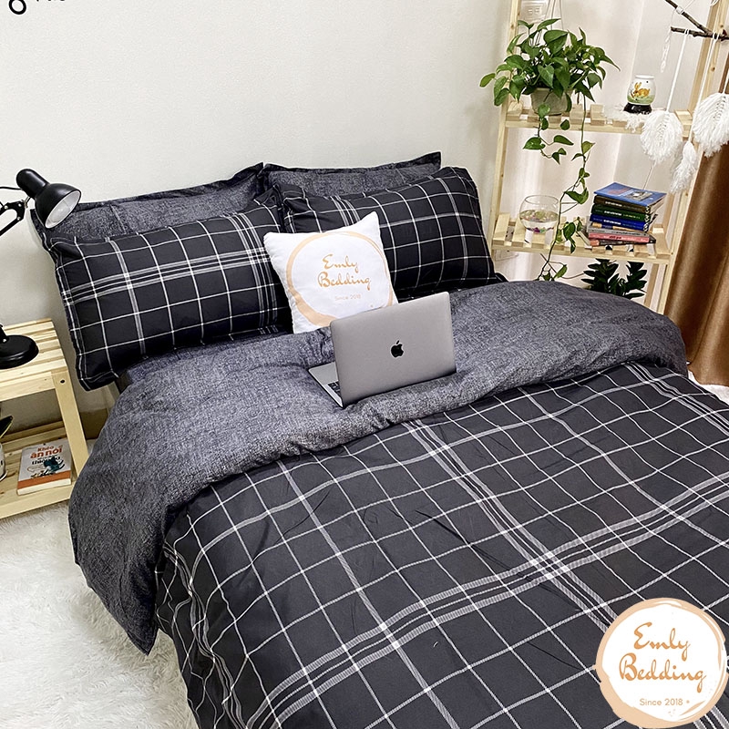 Bộ chăn ga cotton poly emly bedding mẫu kẻ đen mới- emly bedding