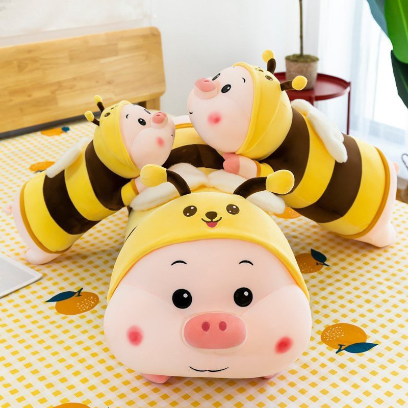 Gấu bông heo béo, gối ôm con heo cosplay ong vàng vải nhung mềm mại