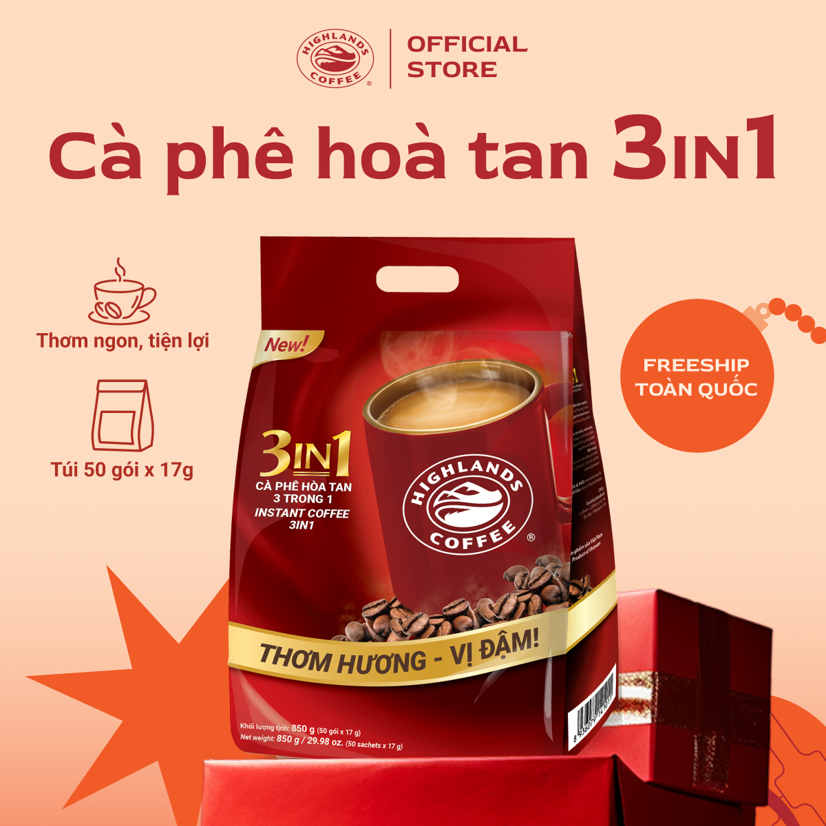 Highlands Coffee Cà phê sữa hòa tan 3in1 Highlands Coffee 50 gói x 17g
