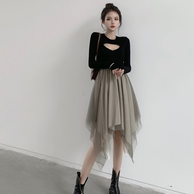 [GIÁ SỐC] 💜 Váy nữ đen dài tay thu đông kết hợp chân váy tutu siêu siêu yêu 🎀