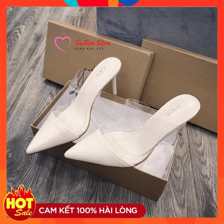 Giày Guốc Cao Gót Trắng Viền Trong Mika Cực Đẹp – SuBim.Store – Quai Trong, Kín Mũi, Gót Nhọn 7p