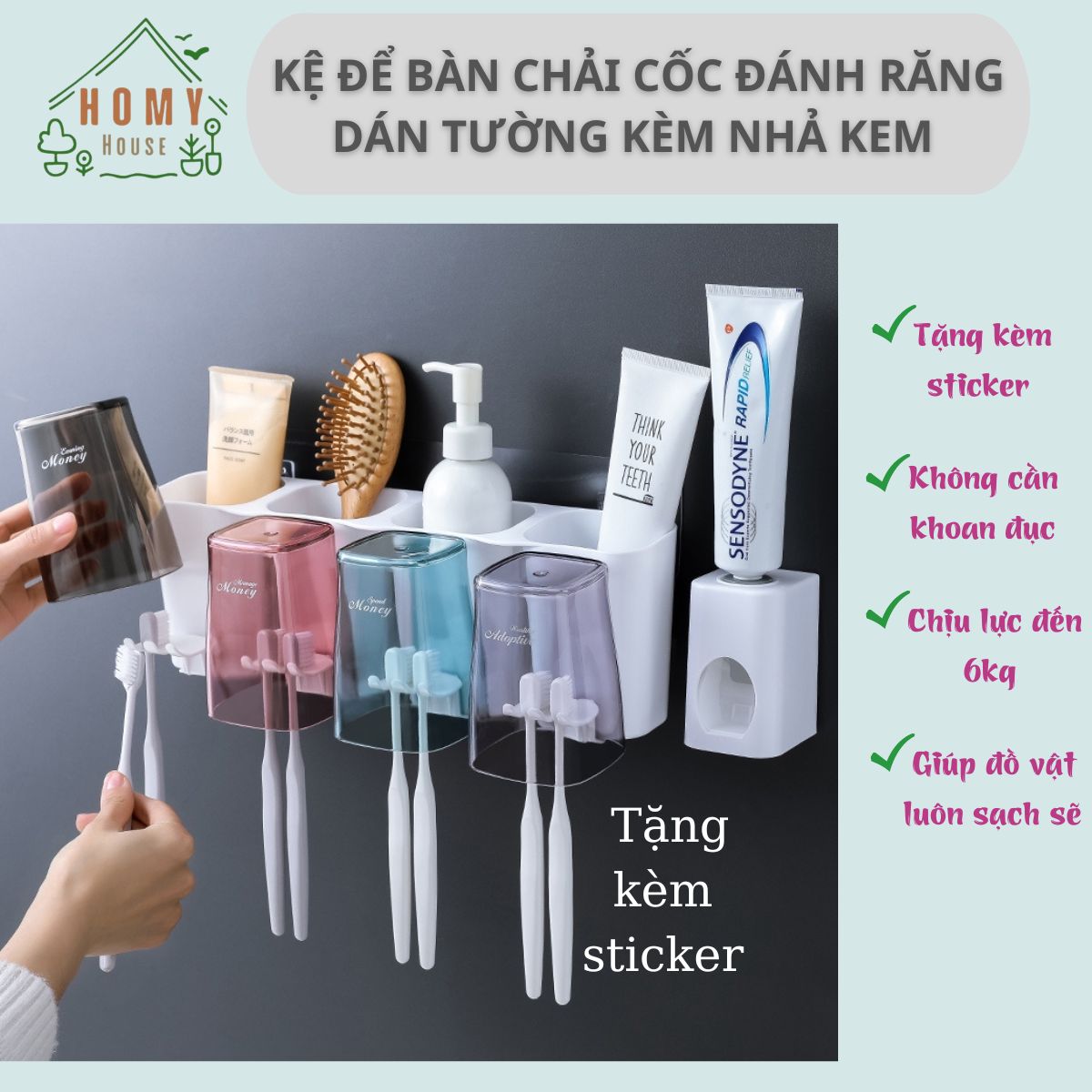 Kệ treo cốc bàn chải kem đánh răng, bộ nhả kem đánh răng tự động kèm cốc dán tường, giá treo bàn chải đánh răng