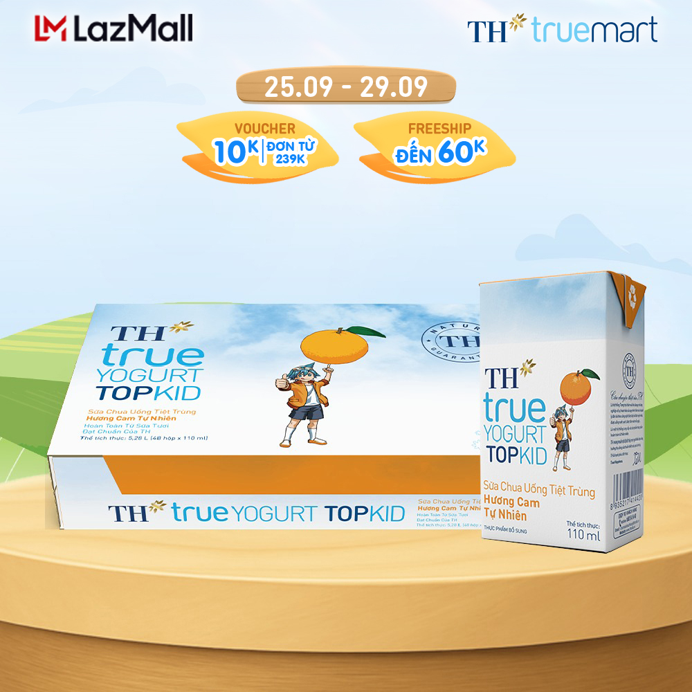 [CÓ QUÀ TẶNG KÈM] Thùng 48 hộp sữa chua uống tiệt trùng  TH true YOGURT TOPKID hương cam tự nhiên 110 ml (110 ml x 48)