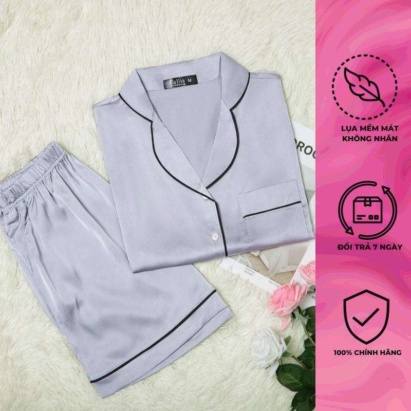 Bộ đồ ngủ nữ pijama lụa mặc nhà tay ngắn quần ngắn màu xám size từ 42kg-62kg