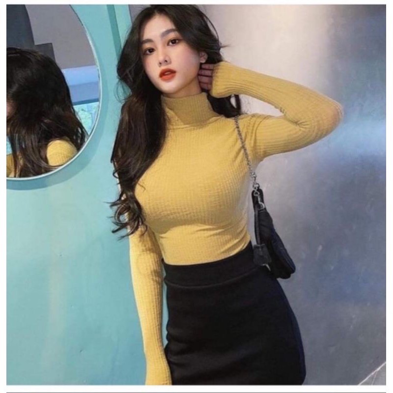 Áo cổ lọ tay dài croptop