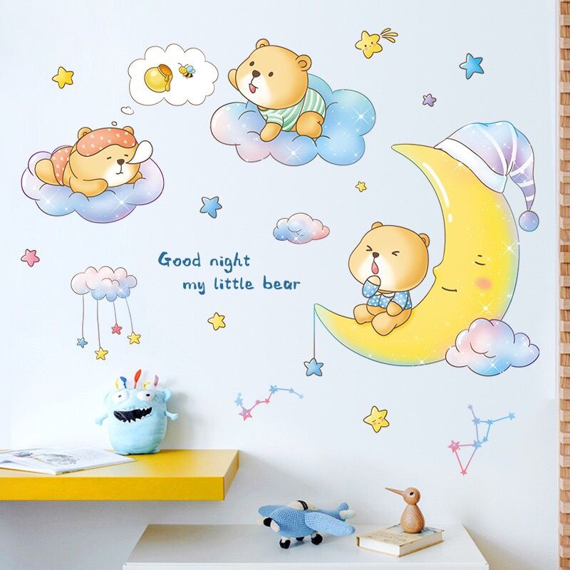 Decal dán tường chúc bé ngủ ngon gấu và trăng, sẵn keo