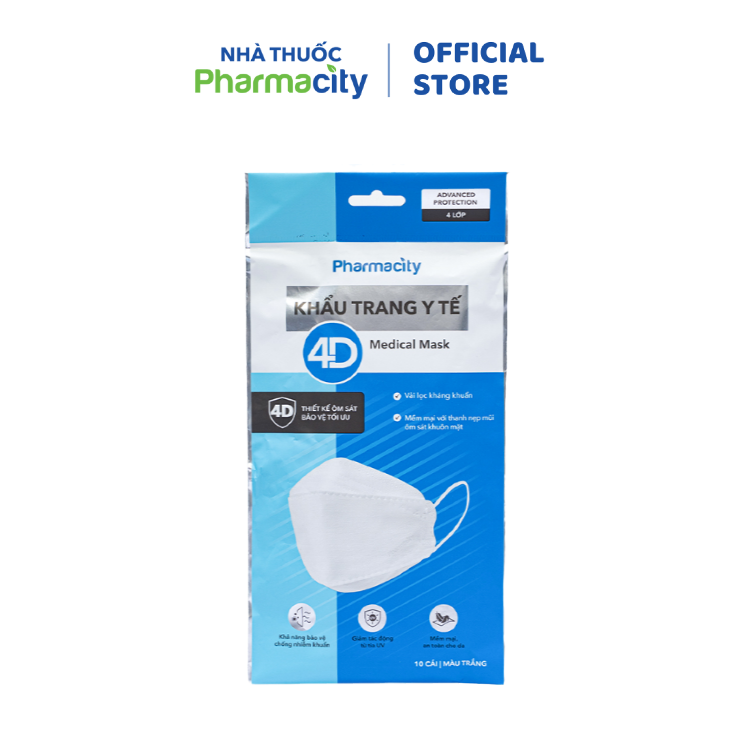Khẩu trang y tế 4D Pharmacity (Gói 10 cái) màu trắng - 4 lớp