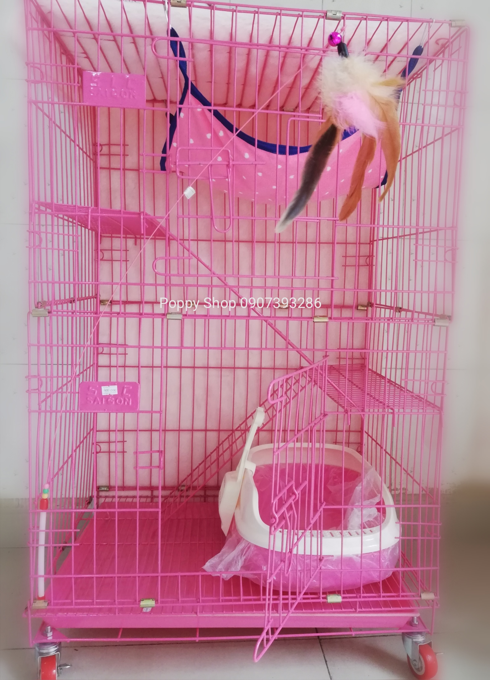 Chuồng/Lồng Xếp 3 Tầng Sắt Sơn Tĩnh Điện Màu Hồng Chóe Cao 1 Met, Có Bánh Xe, Tặng Võng, Nuôi Mèo, Chim, Vẹt, Sóc, Khỉ