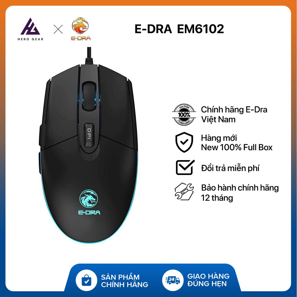 Chuột gaming E-DRA EM6102 - Độ bền 10 triệu lượt bấm - Chống nước - 3200 DPI - LED RGB - Bảo hành 24 tháng
