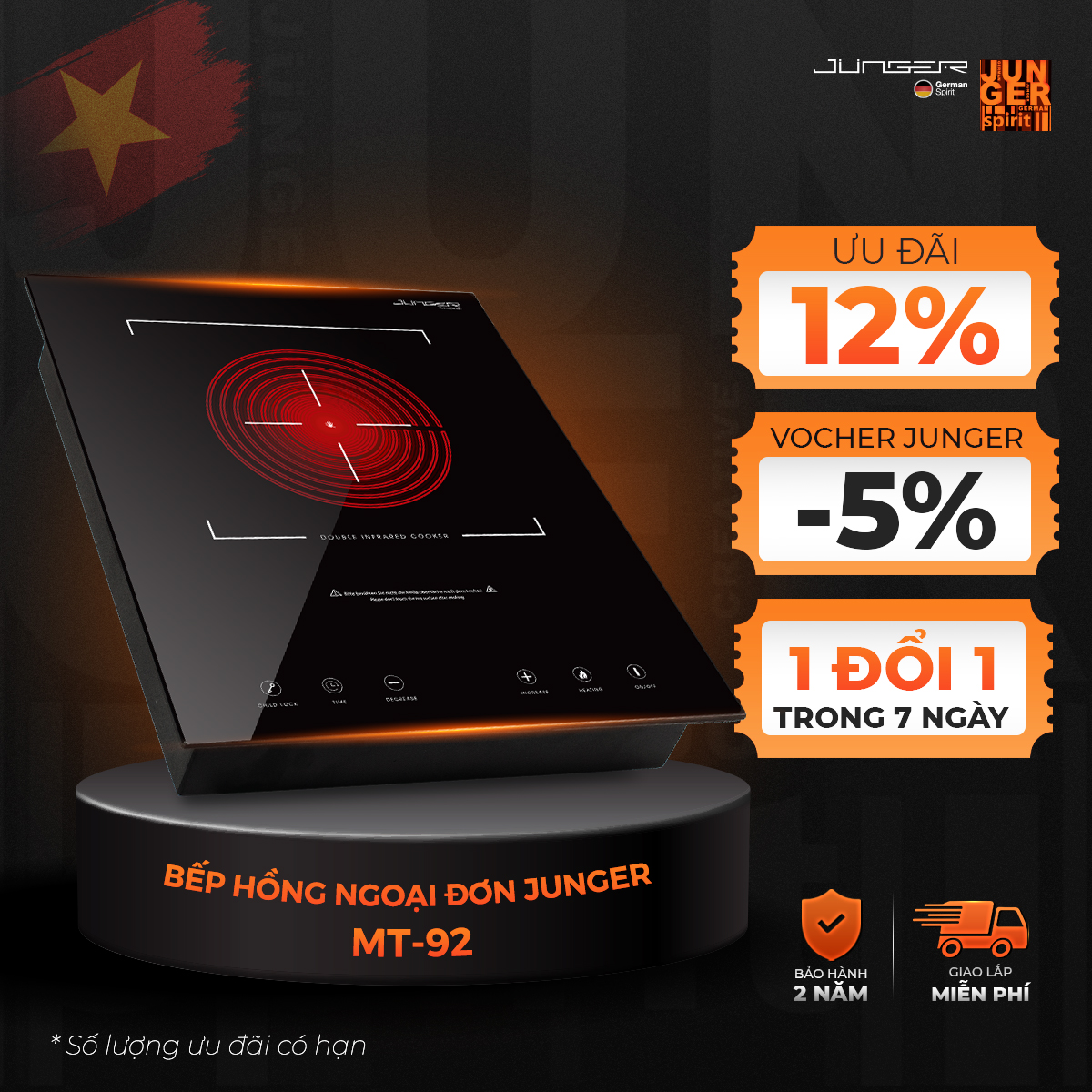 Bếp hồng ngoại đơn junger mt-92 2000w không kén nồi bảo hành 24 tháng
