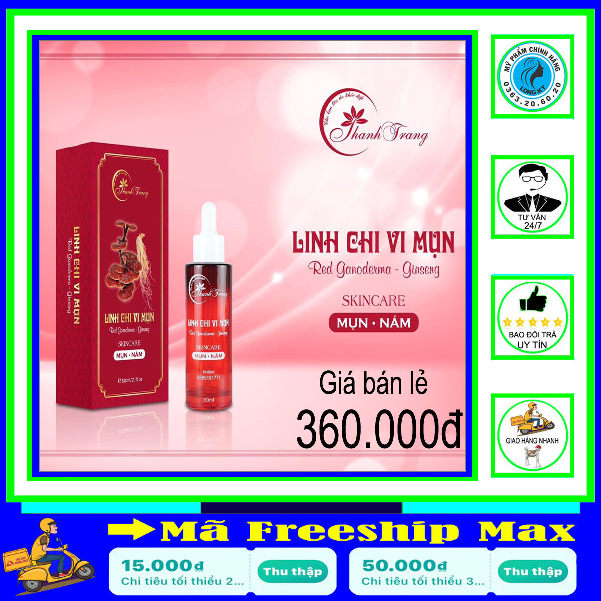 [Hàng công ty ]Tặng bột rửa mặt 50gr - Serum mụn,nám Linh chi vi mụn Mỹ phẩm Thanh trang mẫu mới