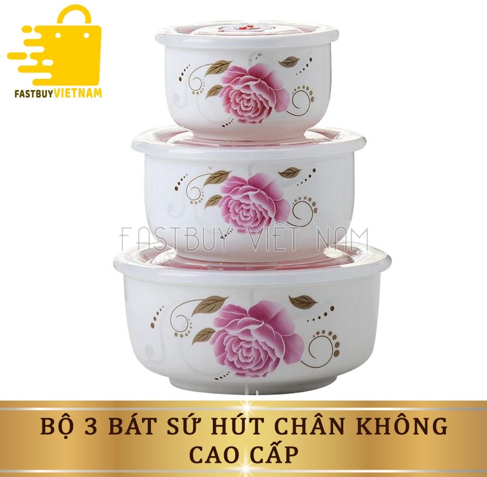 Bộ 3 bát sứ hút chân không cao cấp - gốm sứ men ngọc bền đẹp; hoa văn trang nhã.