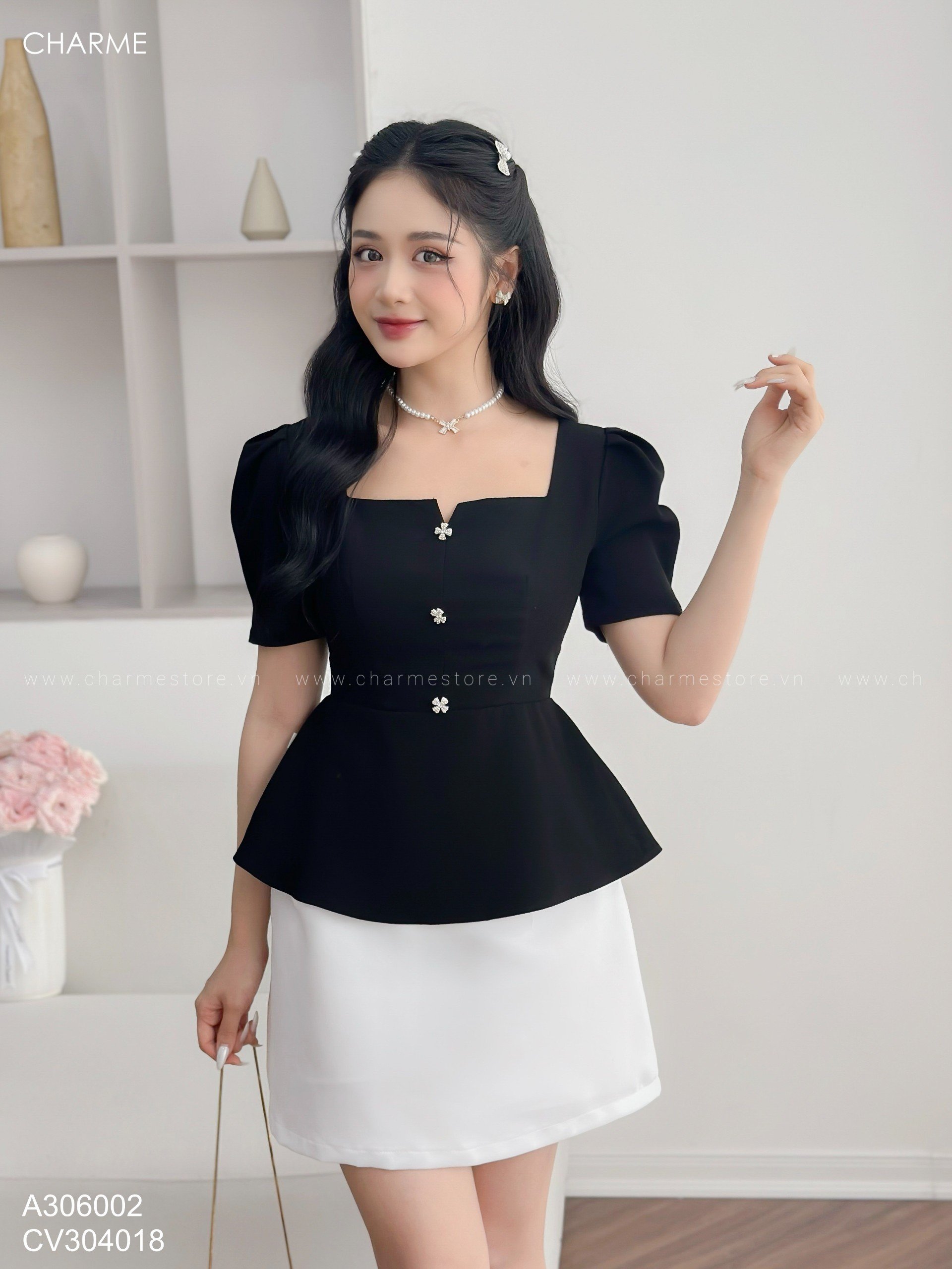 Áo peplum thiết kế cổ vuông đính cúc cao cấp Charme 306002