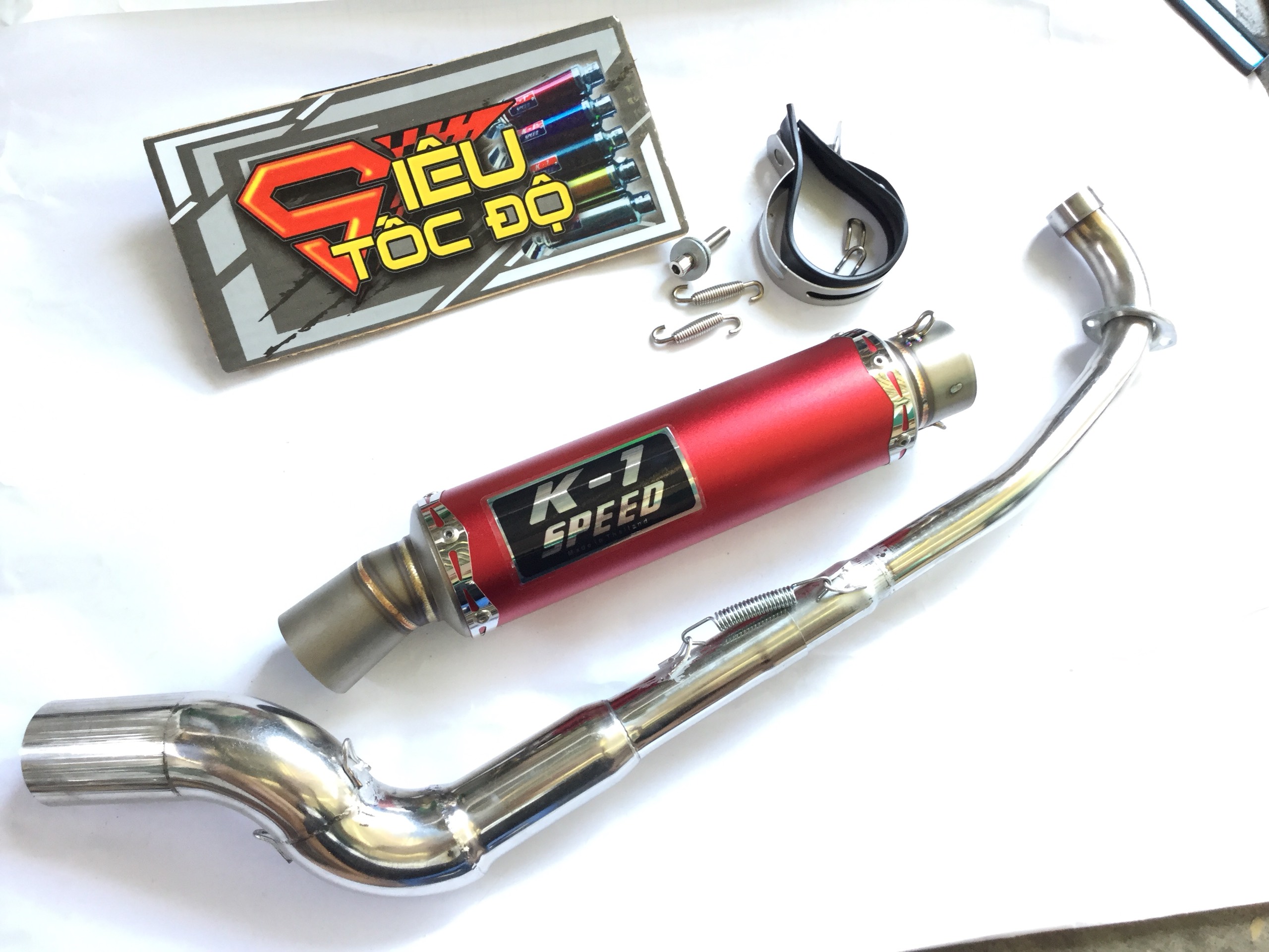 Pô k1 đỏ hàng xịn full pass treo lò xo bao gồm cả cổ cong gắn lon pô độ cho xe wave 50 - 100, cup, dream, 67, axelo, exciter 50cc,....