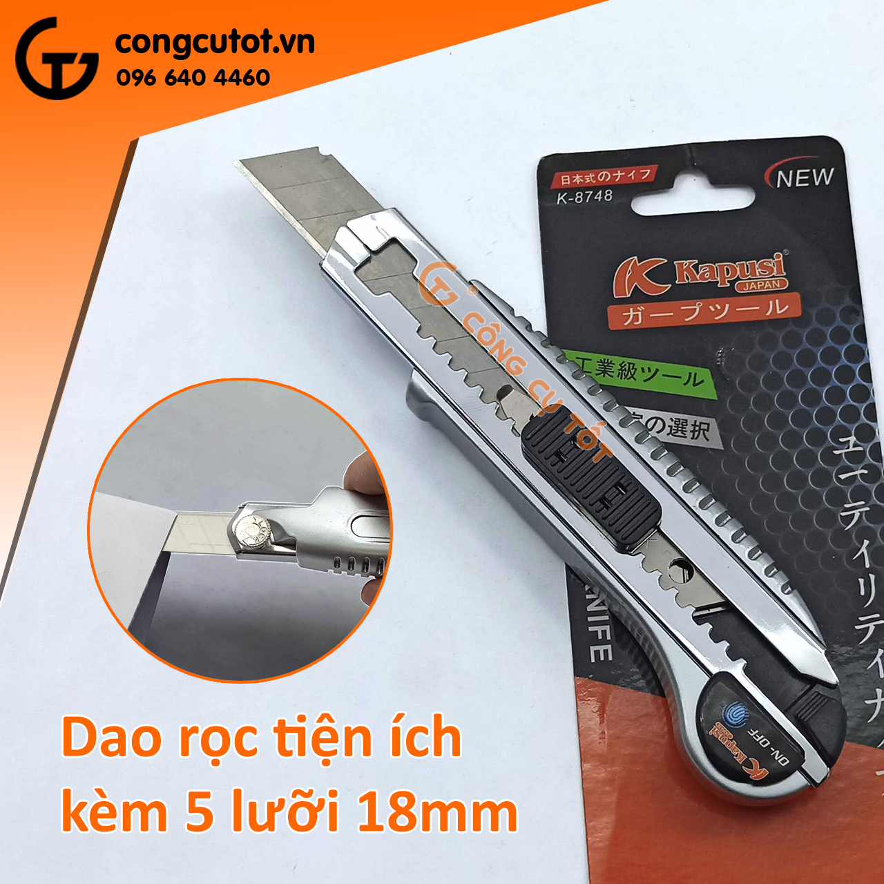 Dao rọc giấy kapusi k-8748 18mm tặng 5 kèm lưỡi