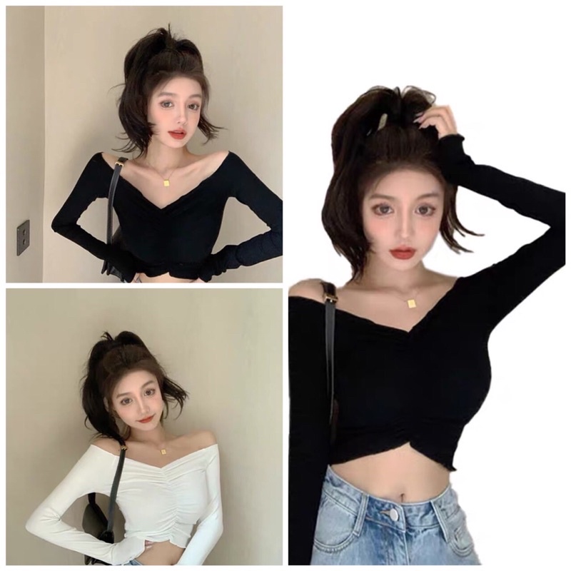 Áo thun kiểu croptop trễ vai tay dài cho nữ