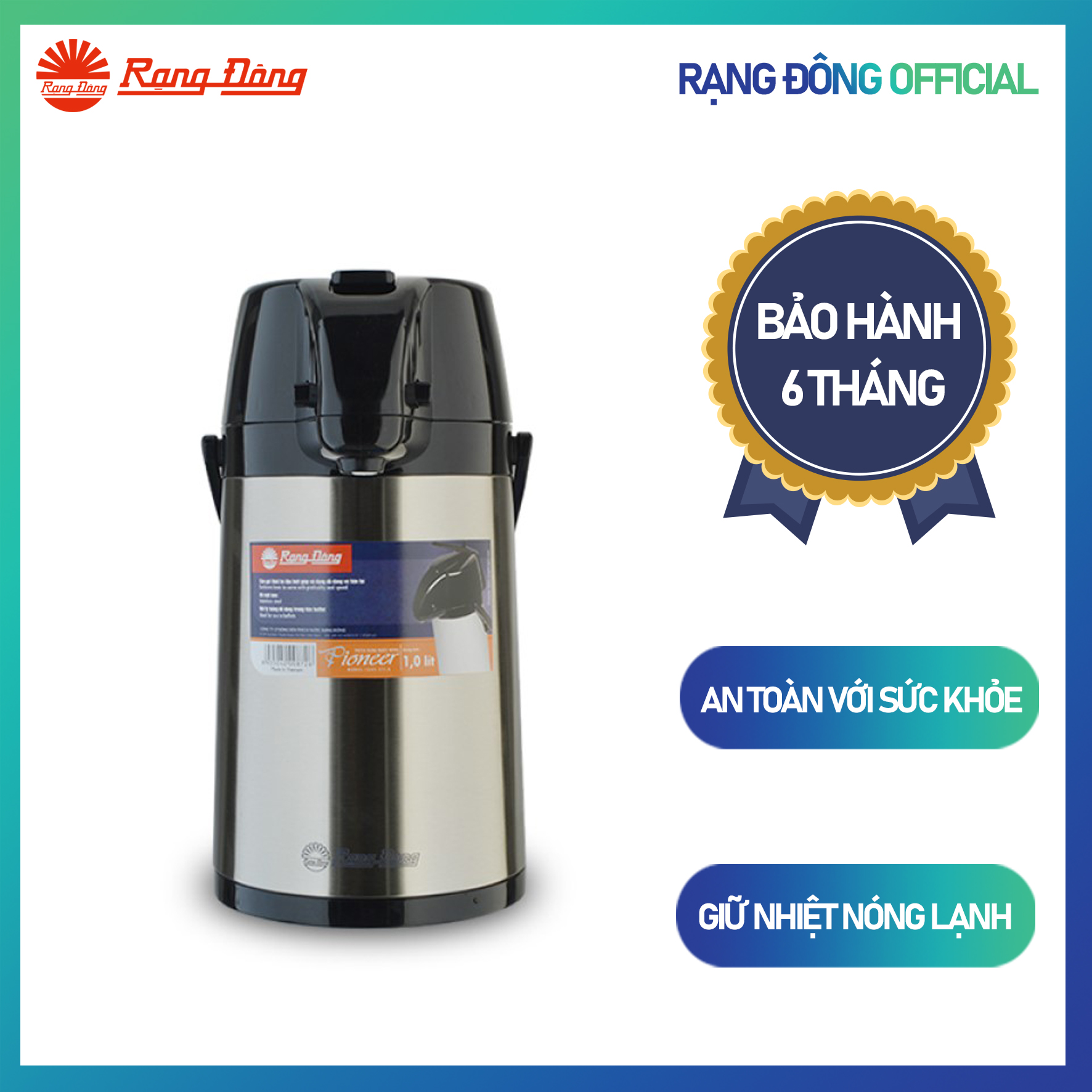 Phích inox đựng nước nóng giữ nhiệt có cần bơm nước 1 lit rạng đông 1045 st1.e