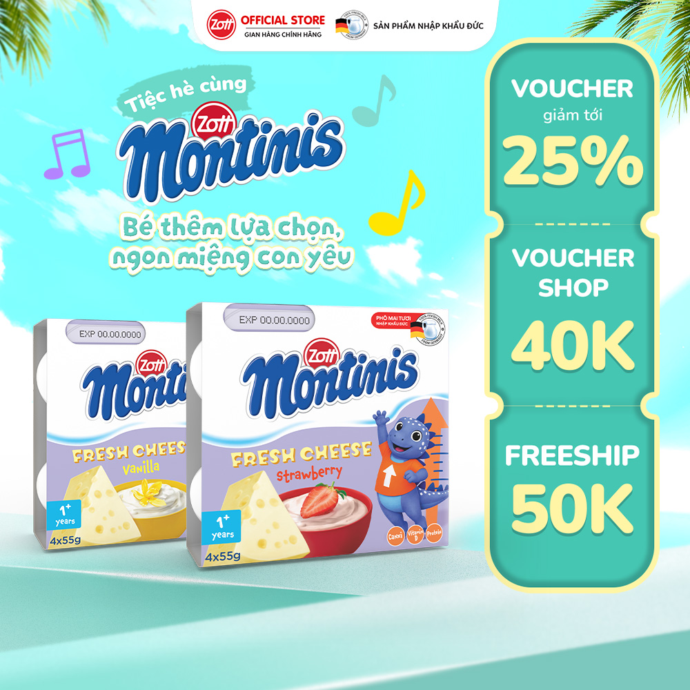 [Giao Hỏa Tốc] COMBO MIX 2 vỉ Phô mai tươi Montinis vị Dâu - Vani nhập ĐỨC (vỉ - 55g x 4 hũ)