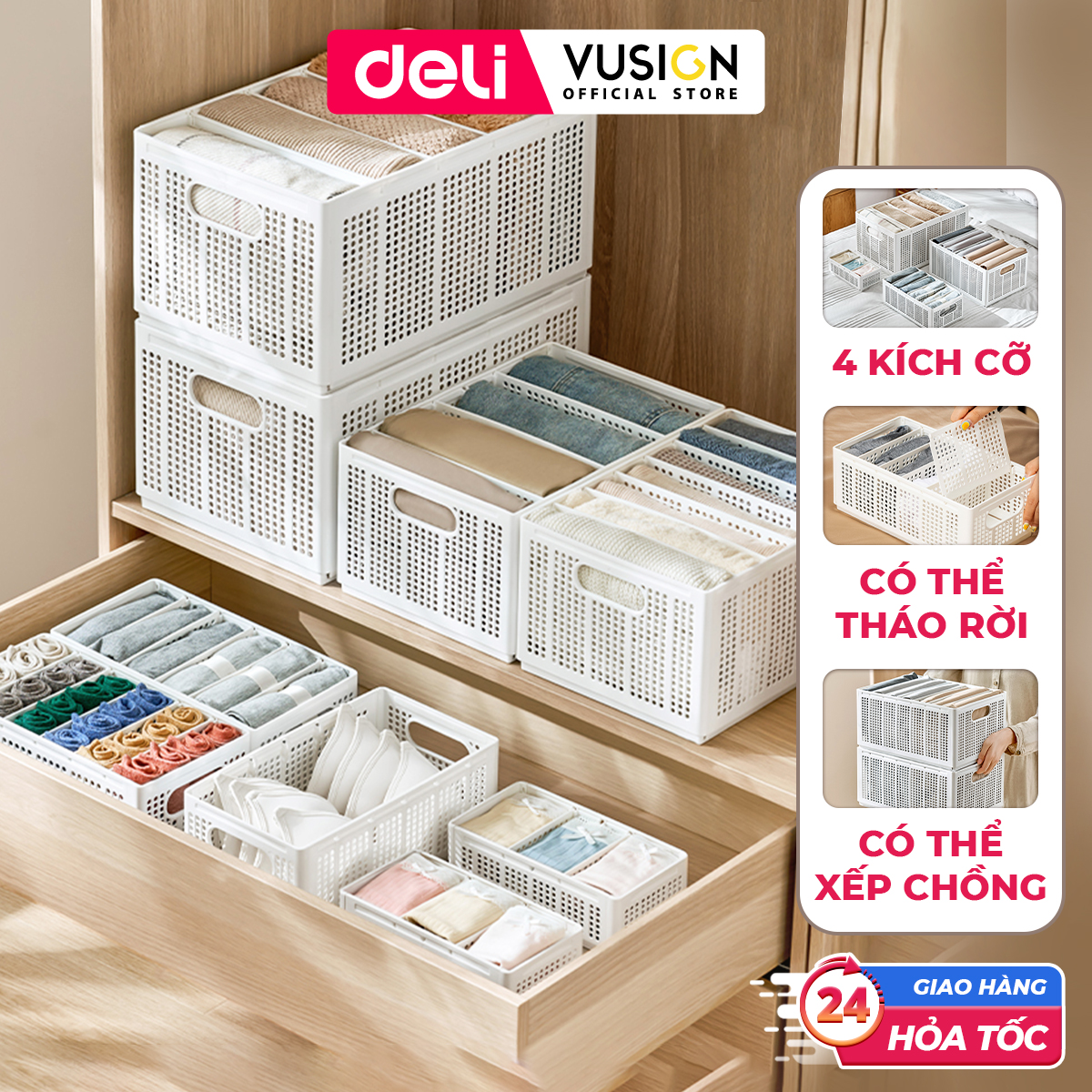 Hộp Nhựa Chia Ngăn DELI Có Thể Tháo Rời Xếp Chồng -Khay Nhựa Chia Ngăn Đựng Quần Áo Đồ